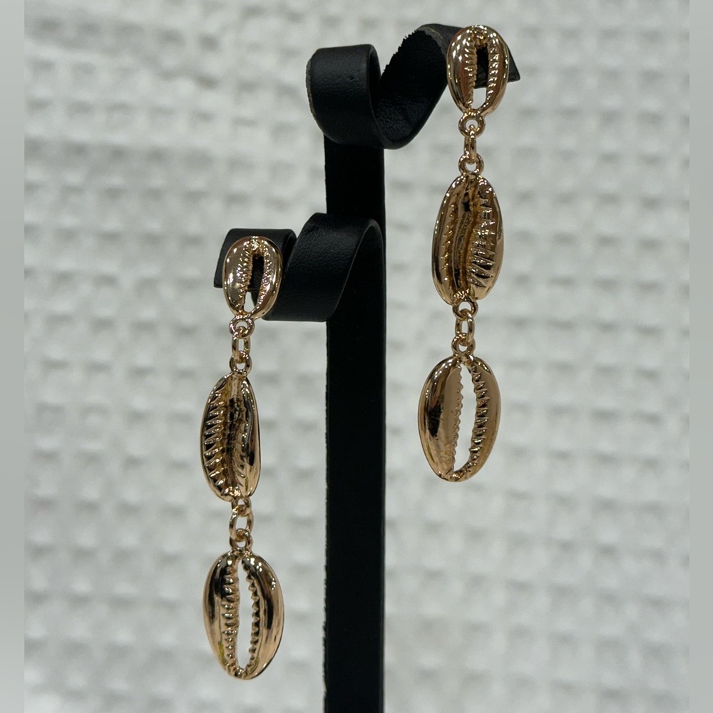 New Gold Triple Cowrie Shell Shaped Long Dangle Screw Back Earrings